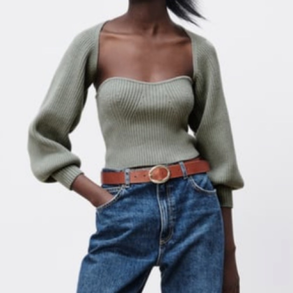 Zara cropped sweater /arm warmer set ribbed green olive